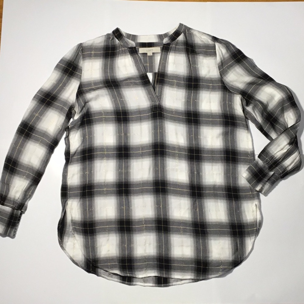 LOFT Black and White Plaid V-Neck Blouse